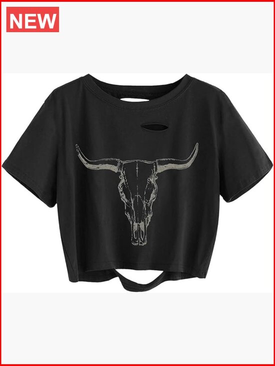 Tops - Women Country Music Graphic Distressed Crop Tee - Cotton Blend Short Sleeve Top